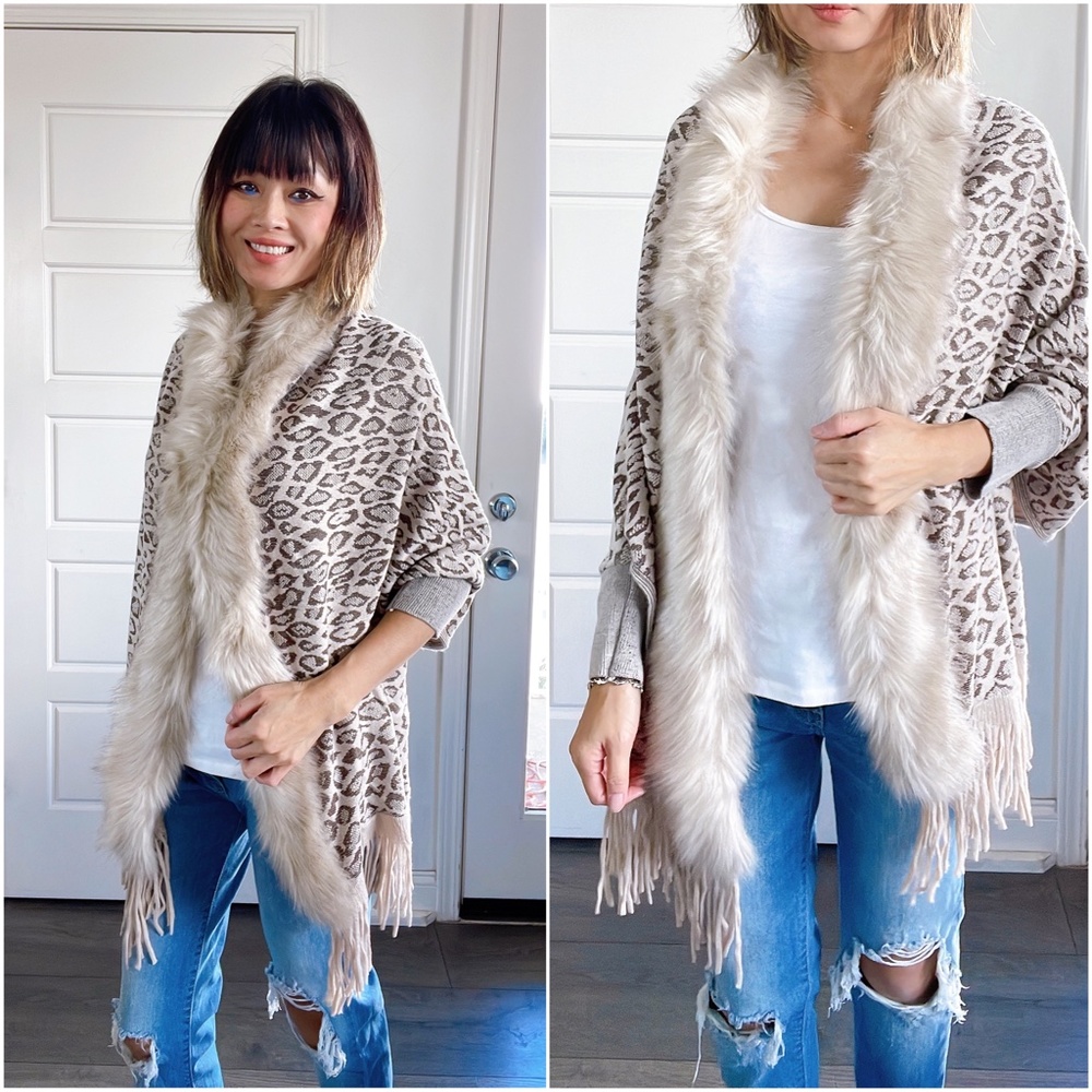 037 Cozy vegan fur leopard print tassel poncho cardigan - Picture 3 of 7